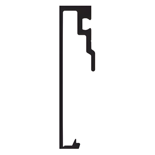 RW63471: black Kynar-finish 6063 T5 aluminum extrusion profile, tall vertical section with stepped notches and base lip.