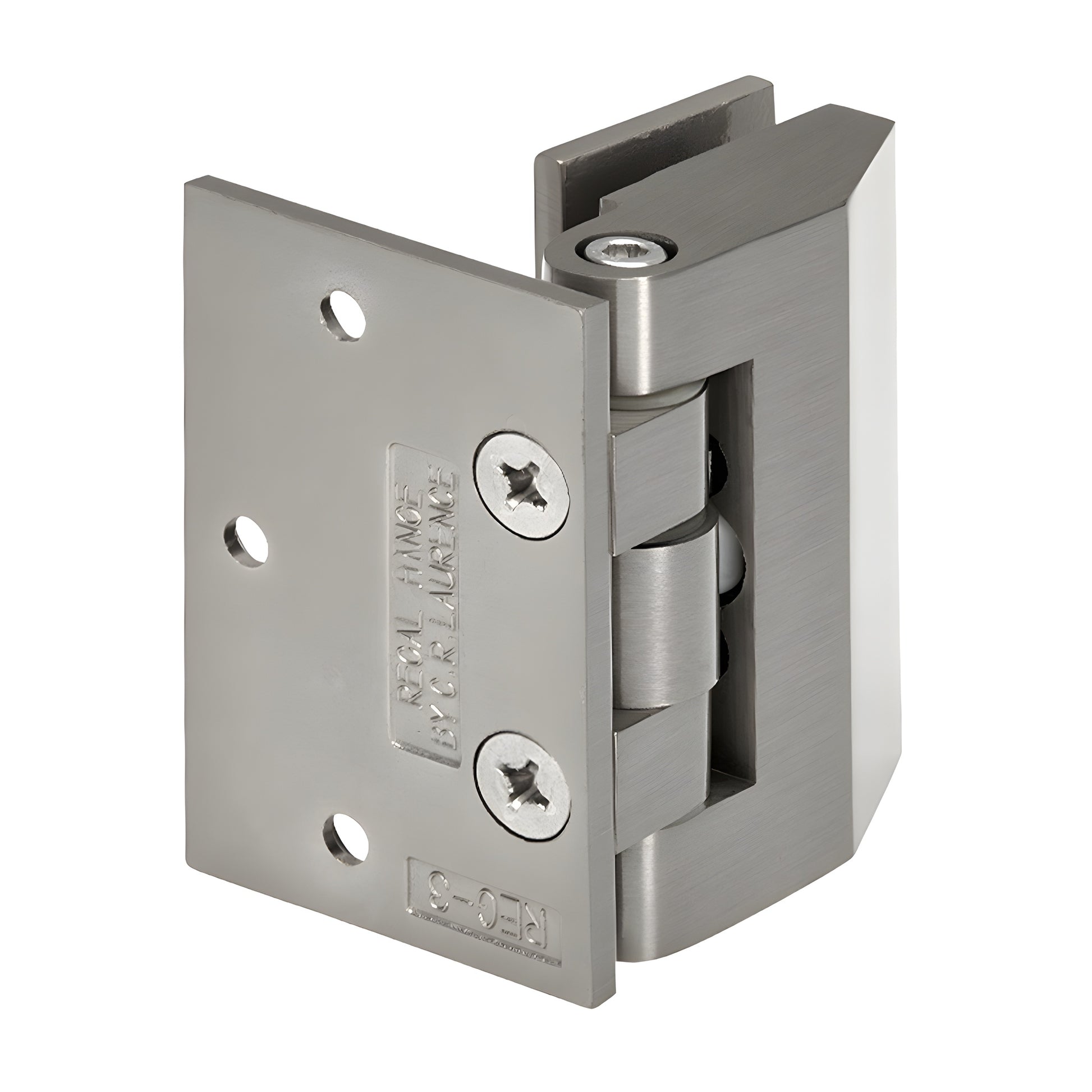 REG037BN brushed nickel adjustable wall-mount shower hinge, solid brass, offset back plate, fits 8-10mm glass