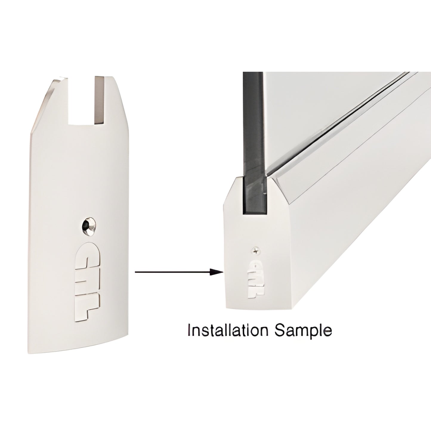 Satin anodized 4" tapered end cap for Wedge-Lock sidelite rail, shown loose and installed on 3/4" tempered glass.