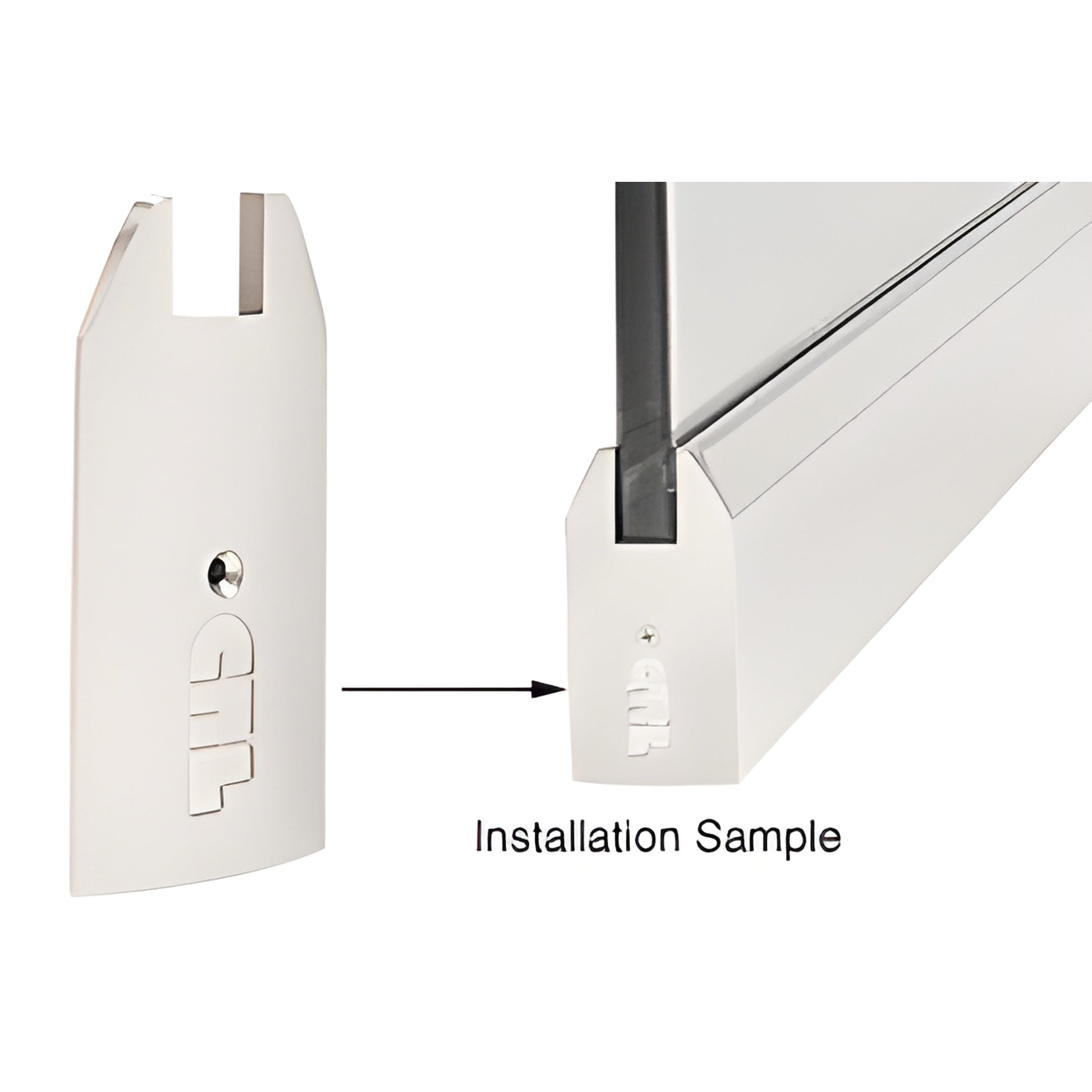 Satin anodized 4" tapered end cap for Wedge-Lock sidelite rail, shown loose and installed on 3/4" tempered glass.