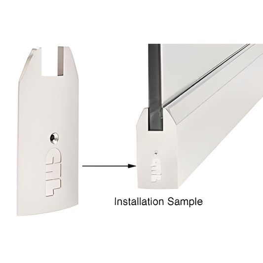 Satin anodized 4" tapered end cap for Wedge-Lock sidelite rail, shown loose and installed on 3/4" tempered glass.