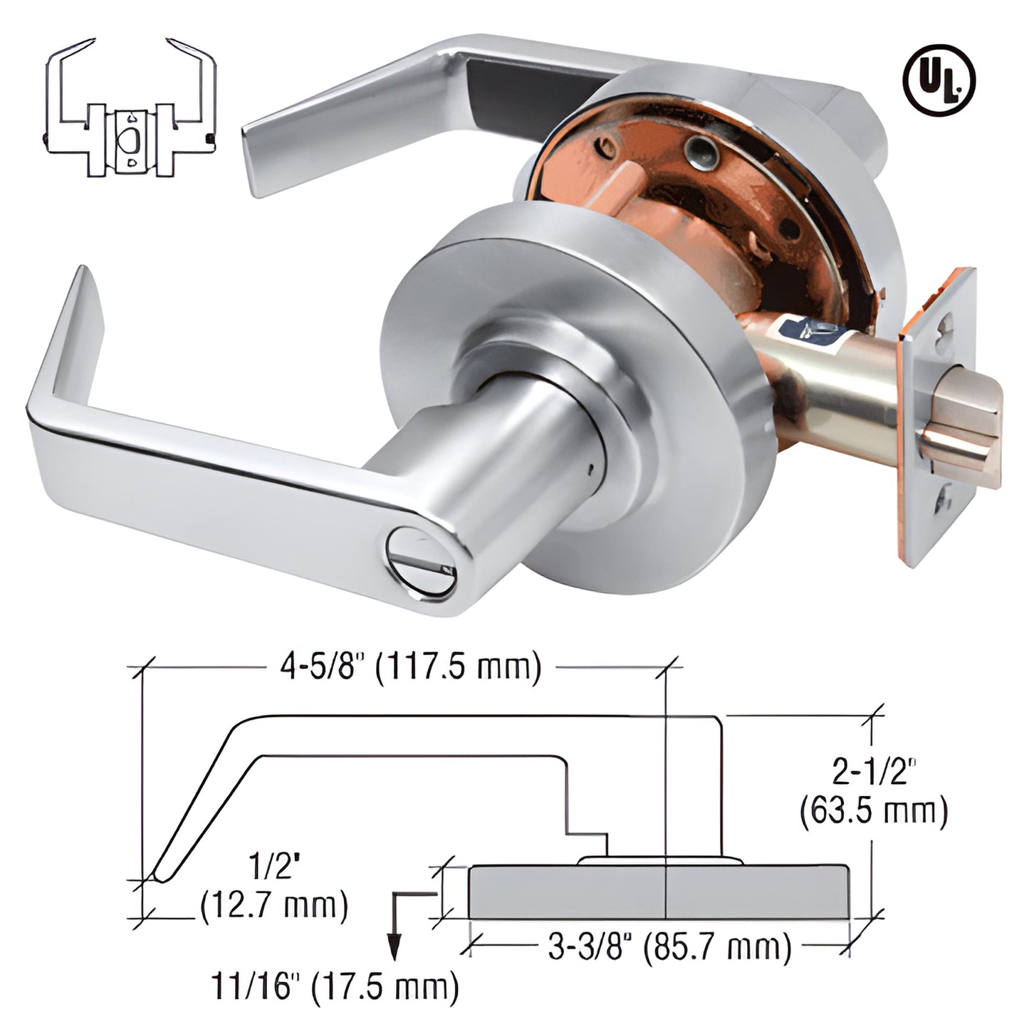 Brushed chrome heavy-duty privacy lever lockset (D30PRV) with round rosette, included strike, UL 3 hour fire rating.