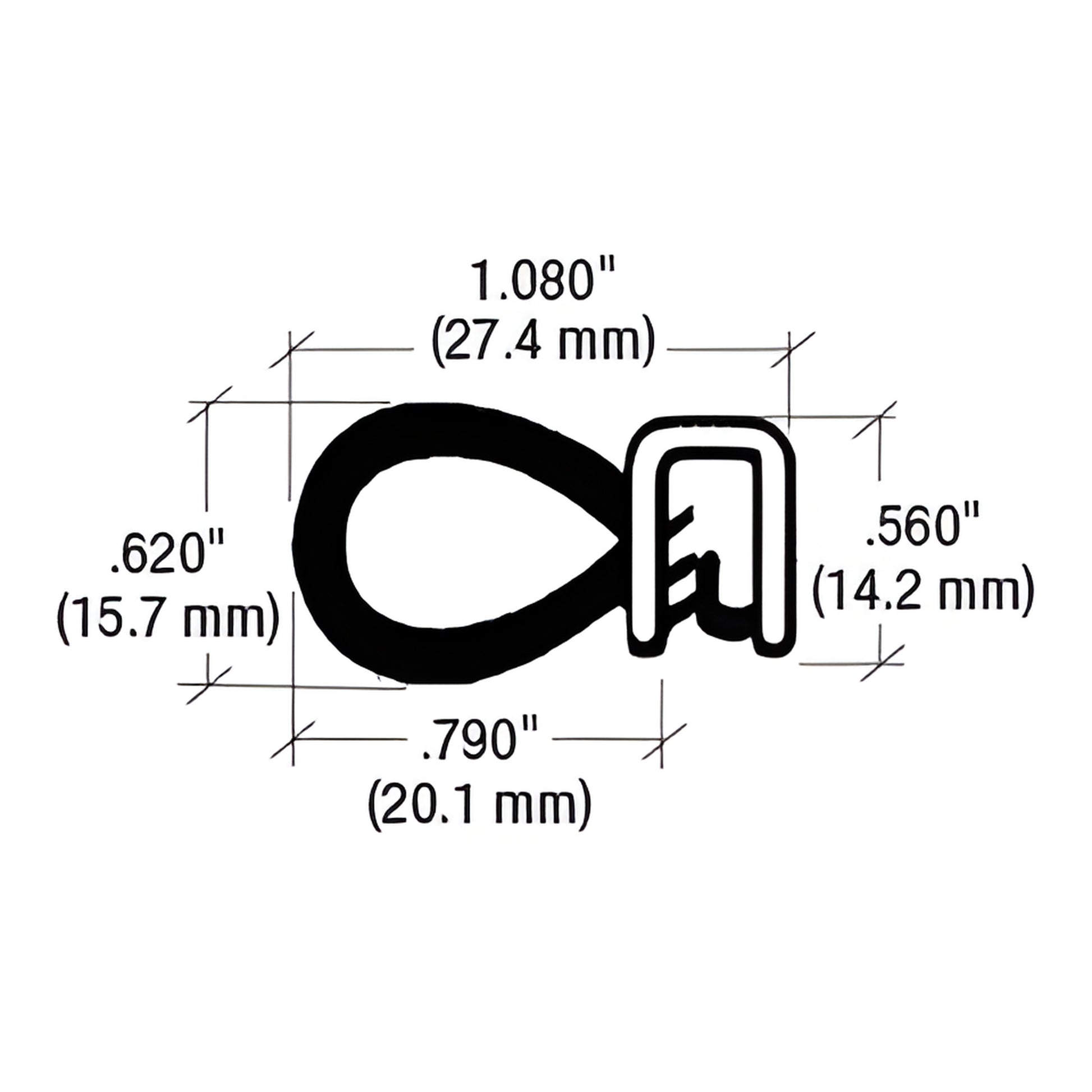 Black neoprene edge trim seal profile (SKU 75001362), 25 ft, 1.08" wide, 0.79" inner, clip-on flange seal