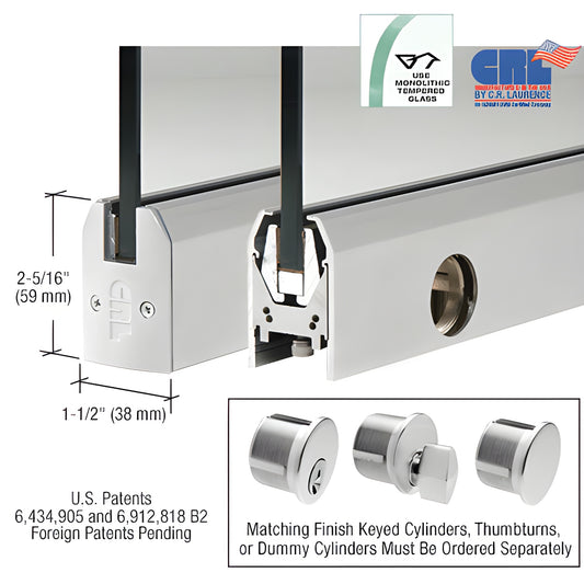 Satin anodized aluminum low-profile door rail (DR2TSA12CL) with Wedge-Lock for 1/2" glass, 2-5/16" tall, includes lock.