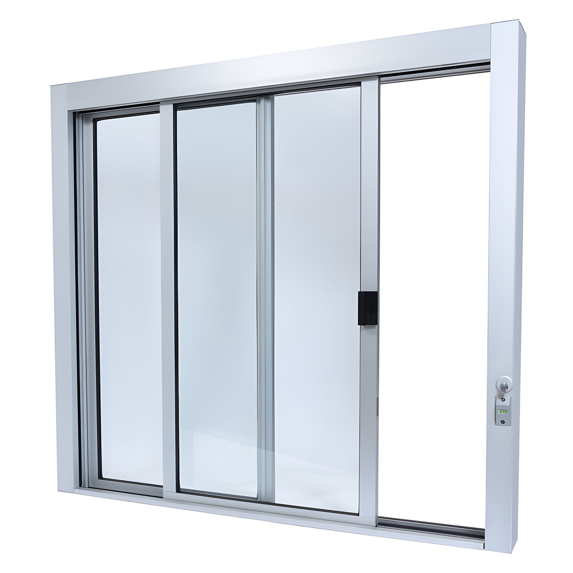 Satin anodized aluminum self-closing sliding service window with three glazed panels, thumbturn lock and full bottom track
