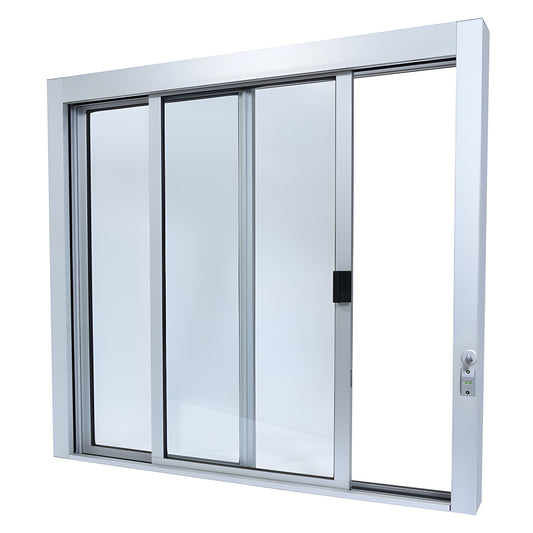 Satin anodized aluminum self-closing sliding service window with three glazed panels, thumbturn lock and full bottom track