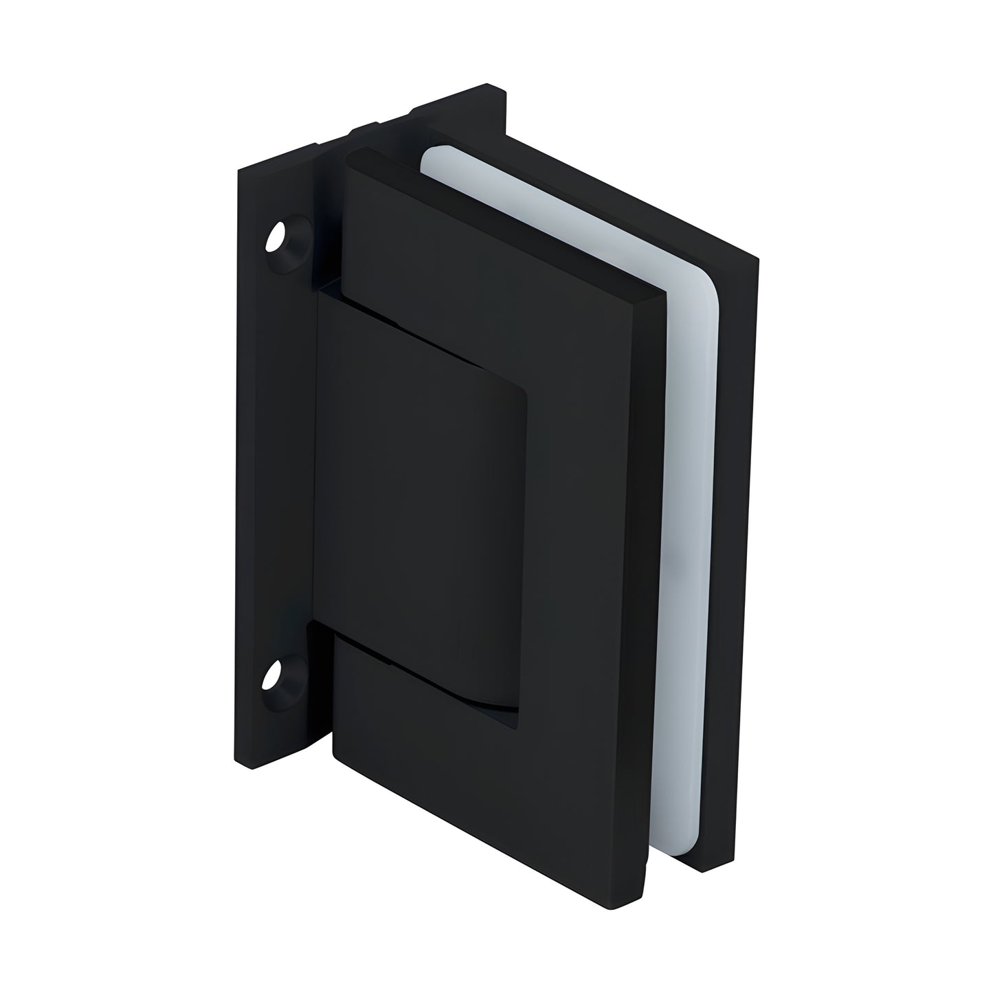 Matte black aluminum wall-mount oil-dynamic full-back hinge for 5/16-9/16" glass, SKU H8210BTMBL