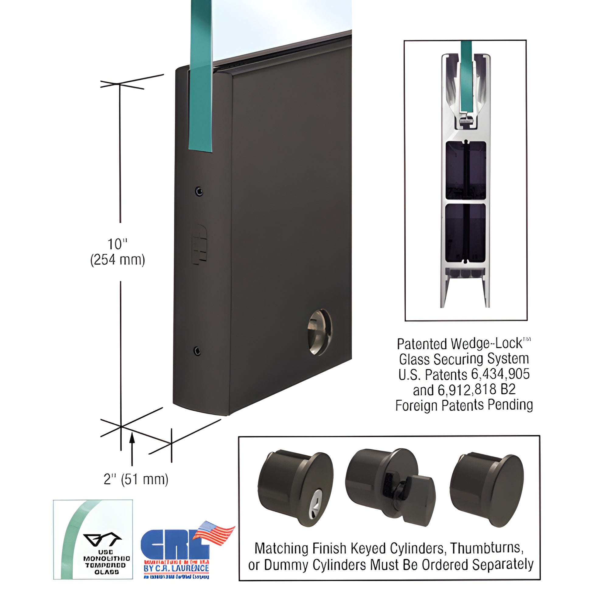 CRL Wedge-Lock bottom door rail DR10SDU12CL, black bronze anodized, 10" x 2", for 1/2-3/4" glass, includes lock
