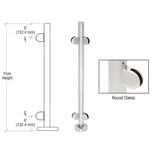 PR36APS: polished stainless steel round post kit with base plate and two round Z series glass clamps for 1/2" glass