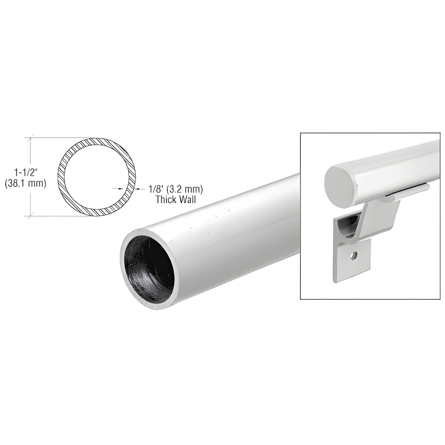 1-1/2" (38 mm) silver metallic aluminum handrail tubing, 20'-1" length - SKU ARHR15S