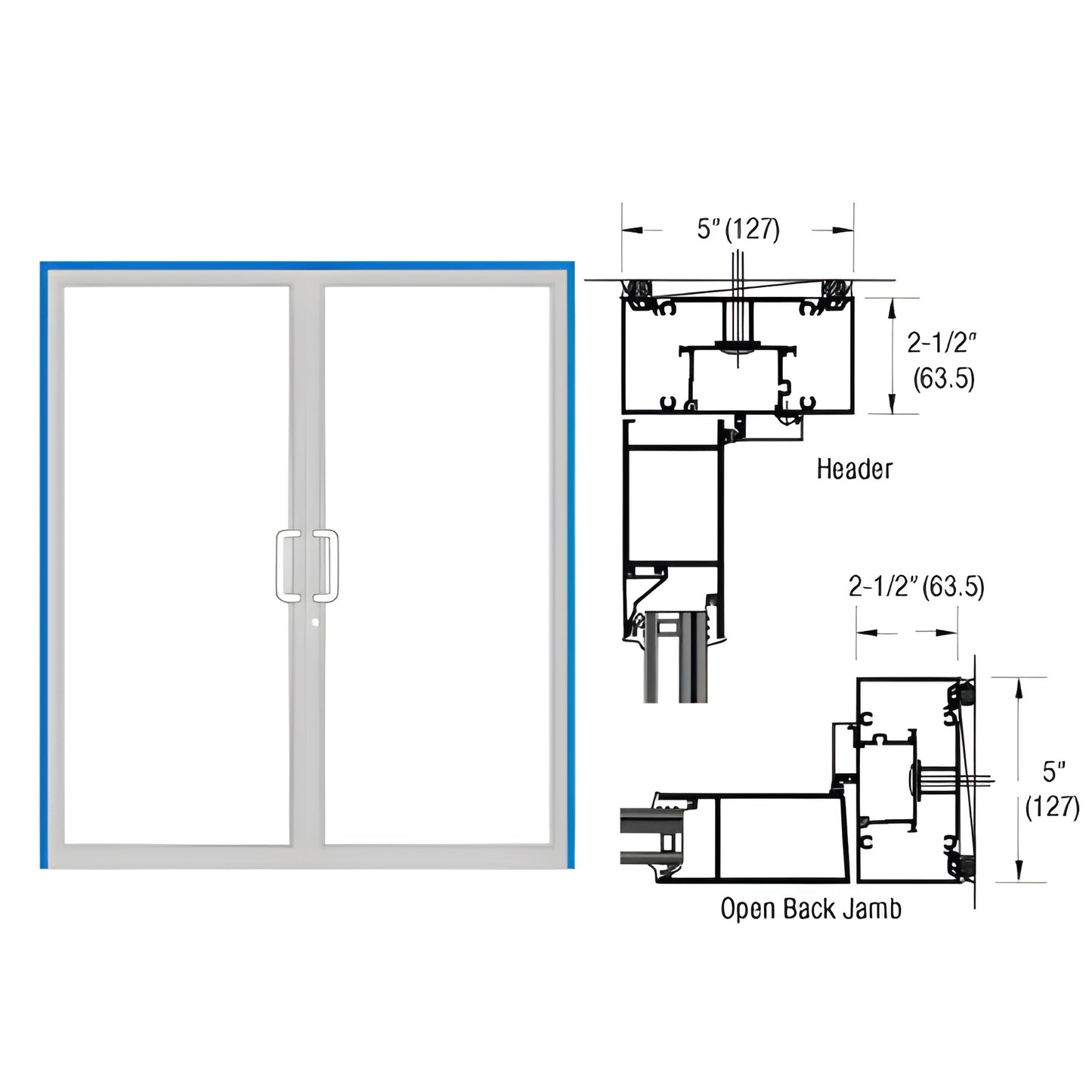 Custom Kynar up/over hurricane impact double door frame with air threshold, surface-mount closer - SKU 0F72871