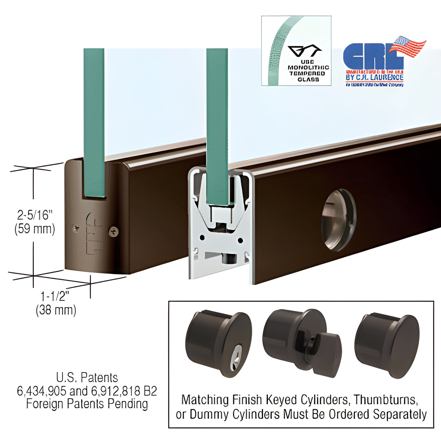 Black-bronze low-profile aluminum door rail (2-5/16" x 1-1/2") for 3/8" tempered glass with Wedge-Lock and lock.