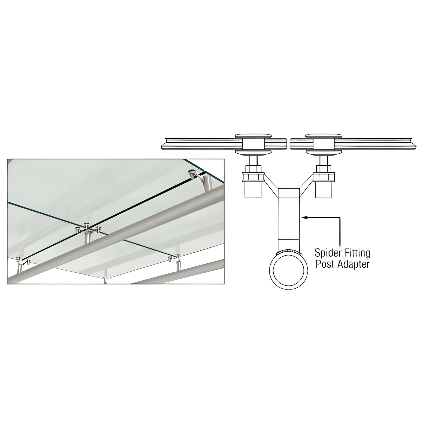 CRL AMS0B2CBS spider fitting weld-on post adapter, stainless steel, for 1-1/2" or 2" round/flat posts - photo and diagram.
