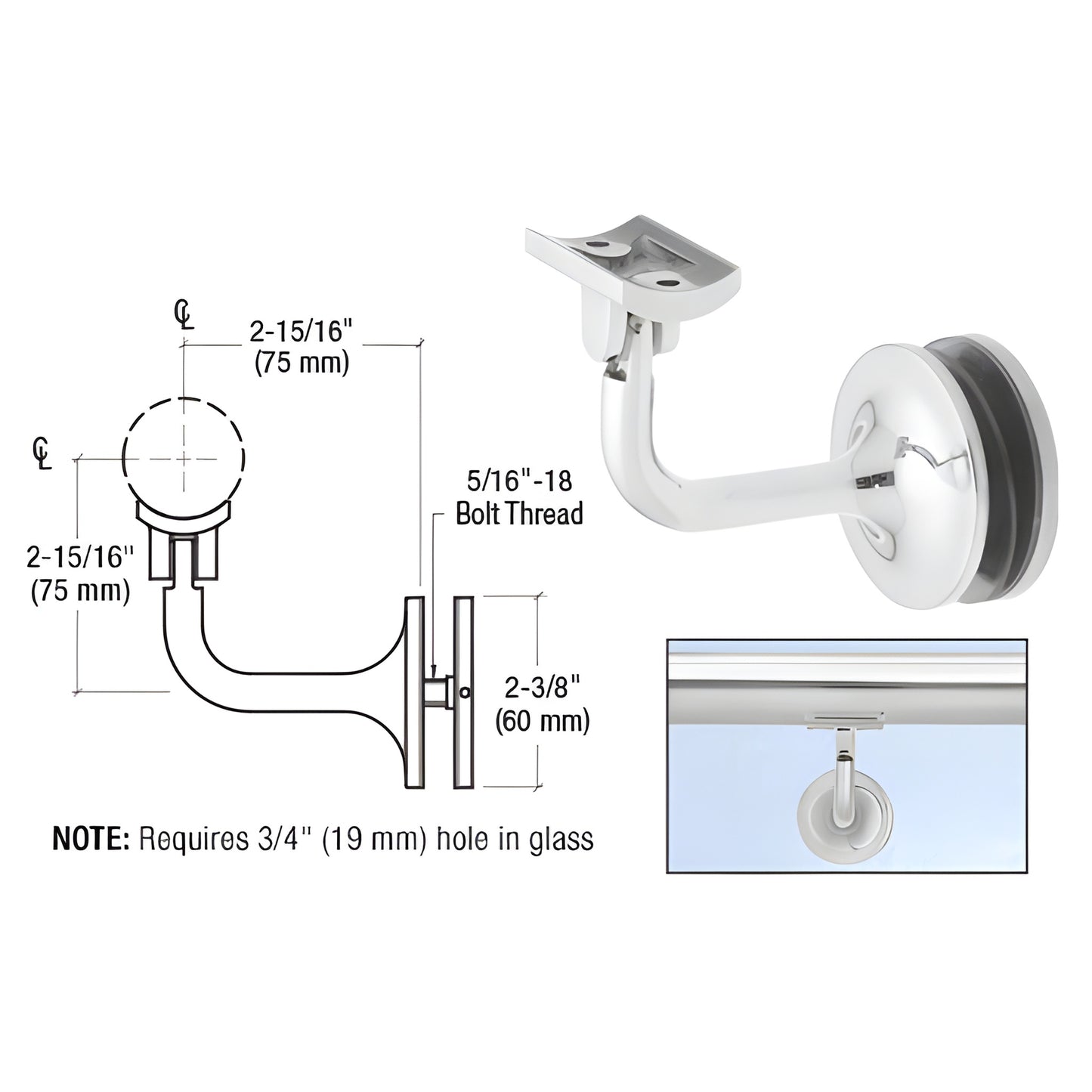 HR15GAPS La Jolla glass-mounted adjustable handrail bracket, polished stainless steel, fits 38/42/51 mm tubing