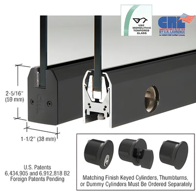 CRL Black Powder Coat 1/2" Low Profile Glass Door Rail w/ Lock Custom