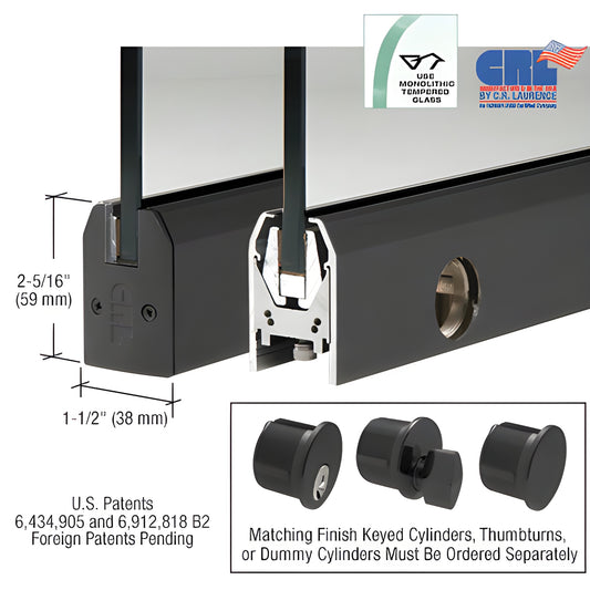 Gloss black low-profile aluminum door rail (2-5/16" 1-1/2") for 1/2" glass with Wedge-Lock and lock. SKU DR2TBL12CL