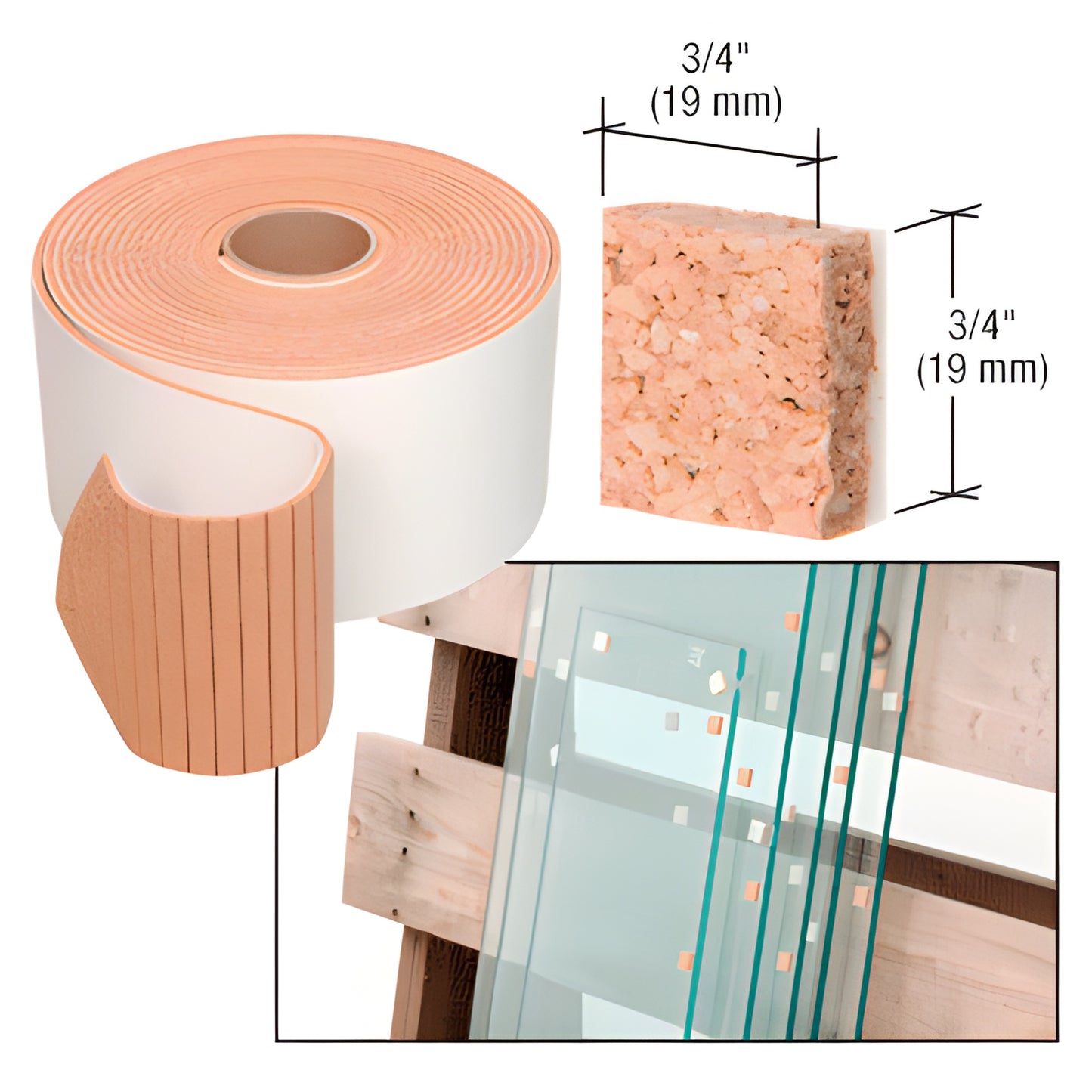 CNA34B roll of non adhesive laminated cork shipping pads, 3/4" squares, 1/4" thick, for protecting glass.