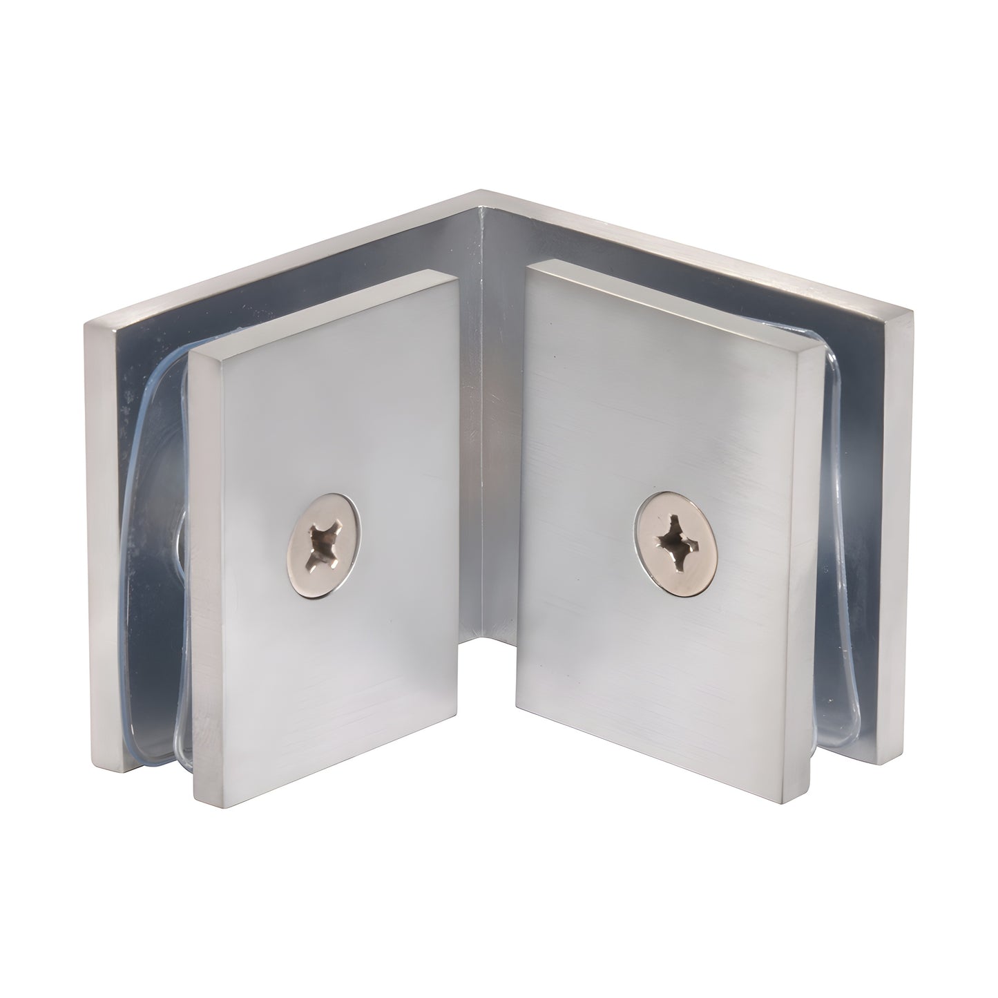Brushed stainless square 90 glass-to-glass clamp (closed back) for frameless showers - SKU SGC90BCH