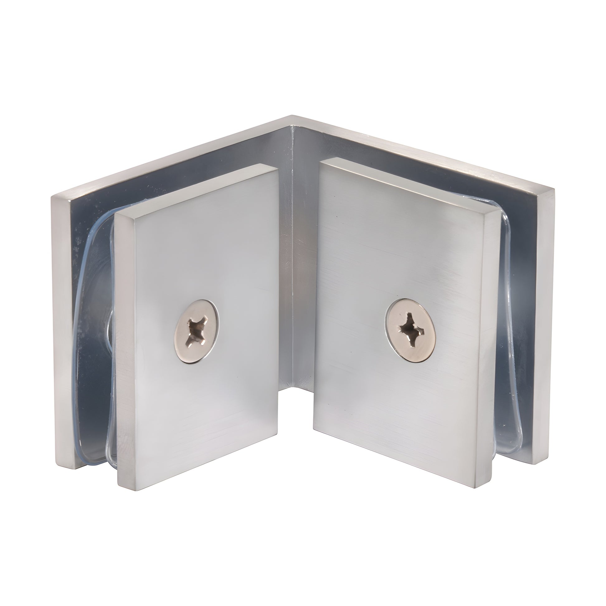 Brushed stainless square 90 glass-to-glass clamp (closed back) for frameless showers - SKU SGC90BCH
