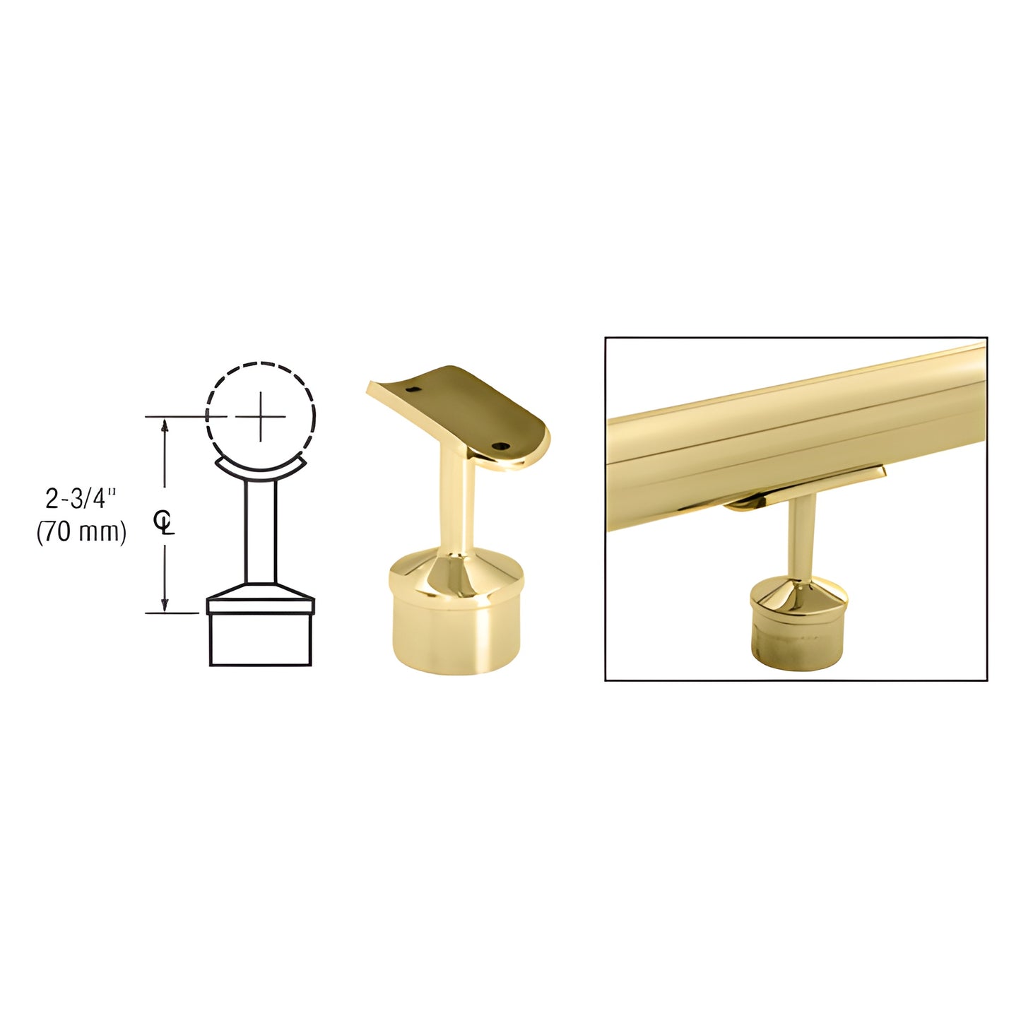 Polished brass handrail straight saddle SKU HR15VSPB, 2-3/4" centerline, ready-to-install base with screw holes.