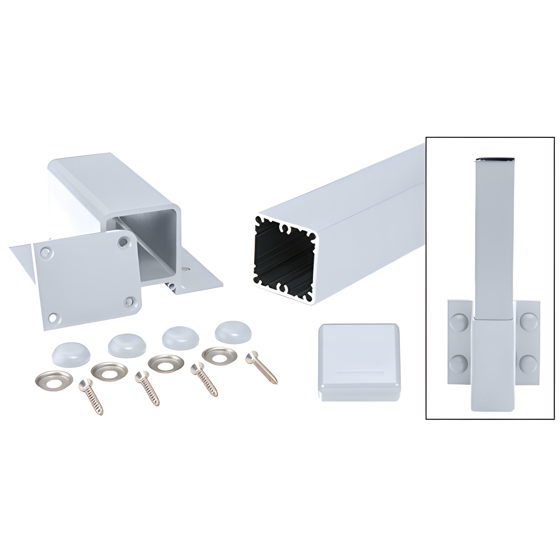 Clear anodized aluminum 58in fascia post kit with square extrusion, base plate, cap and mounting hardware (FP5148KCA)