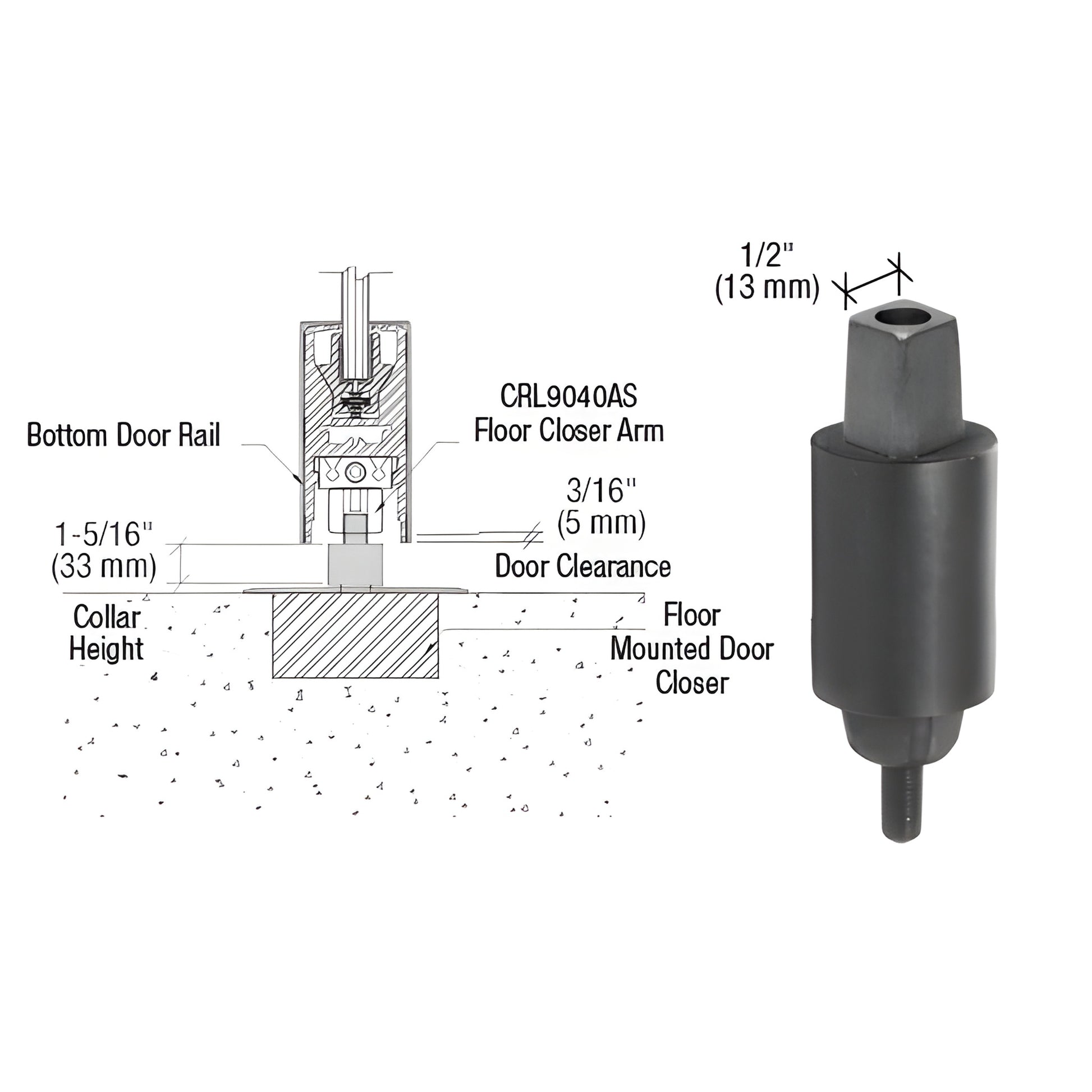 Aluminum MAB square tapered spindle with 1-5/16" collar for floor-mounted door closers, SKU CRL9050S33.