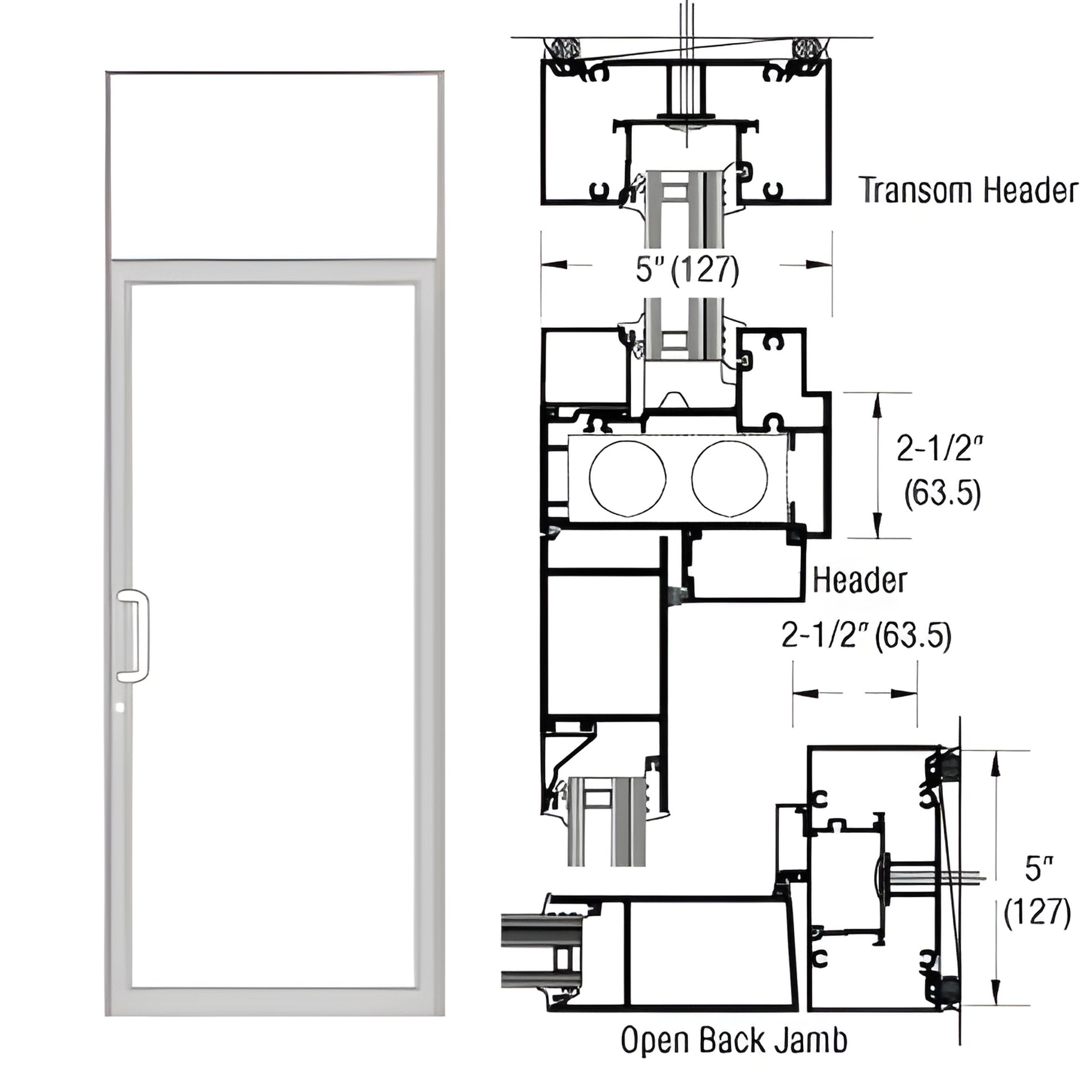 Clear anodized single transom door frame, 21 2" x 5" profile with transom top and TH811 air threshold - SKU 0F91411