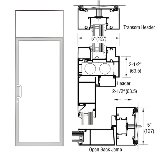 Clear anodized single transom door frame, 21 2" x 5" profile with transom top and TH811 air threshold - SKU 0F91411