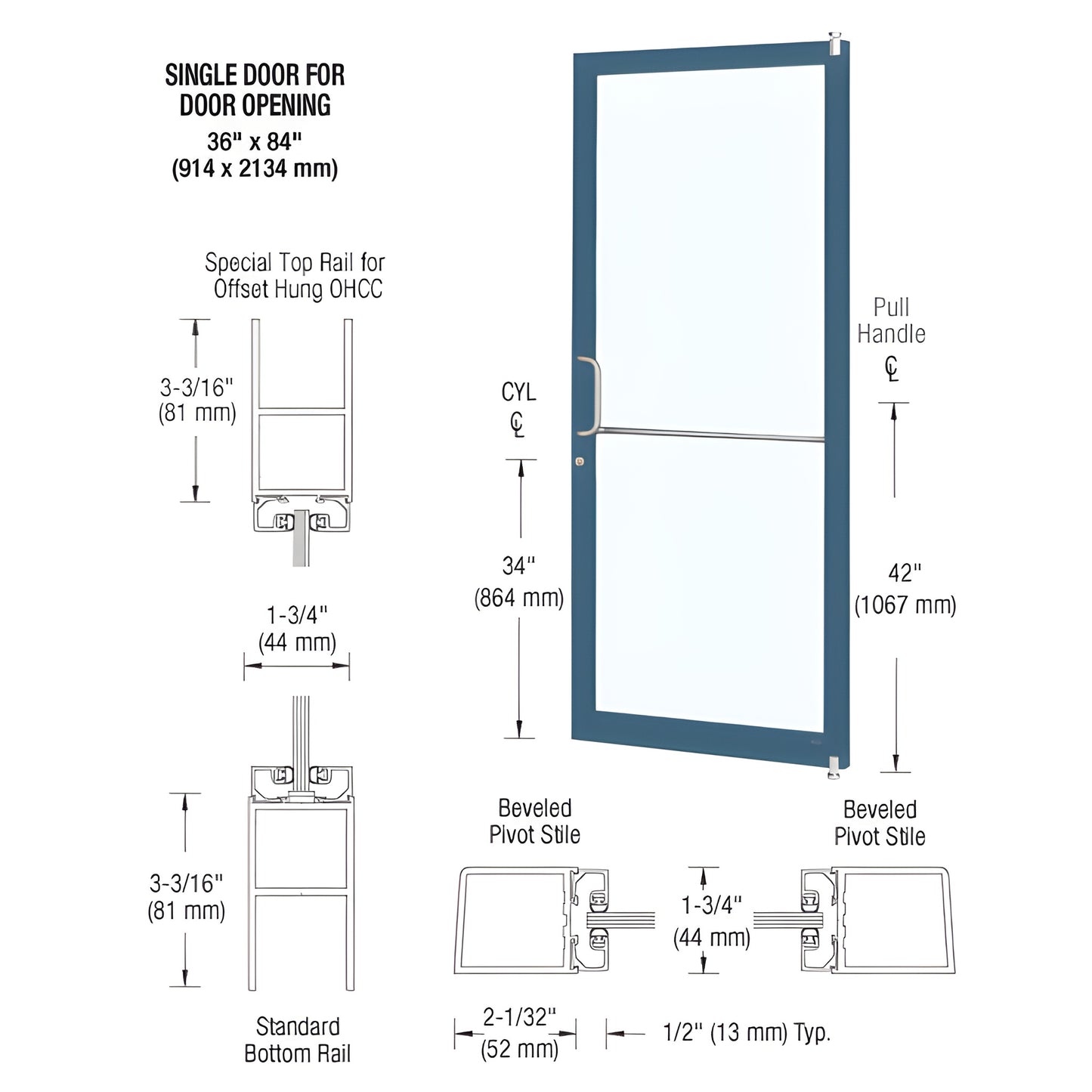 CRL narrow-stile commercial entrance door (SKU DC21171) - blue aluminum frame with large tempered glass and push/pull hardwar