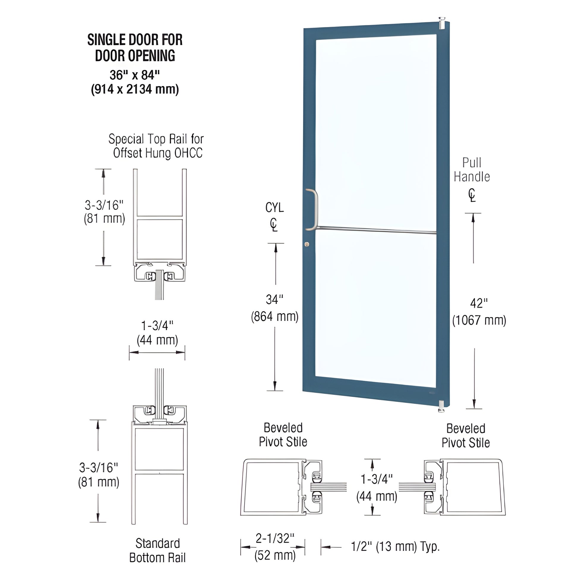 CRL narrow-stile commercial entrance door (SKU DC21171) - blue aluminum frame with large tempered glass and push/pull hardwar