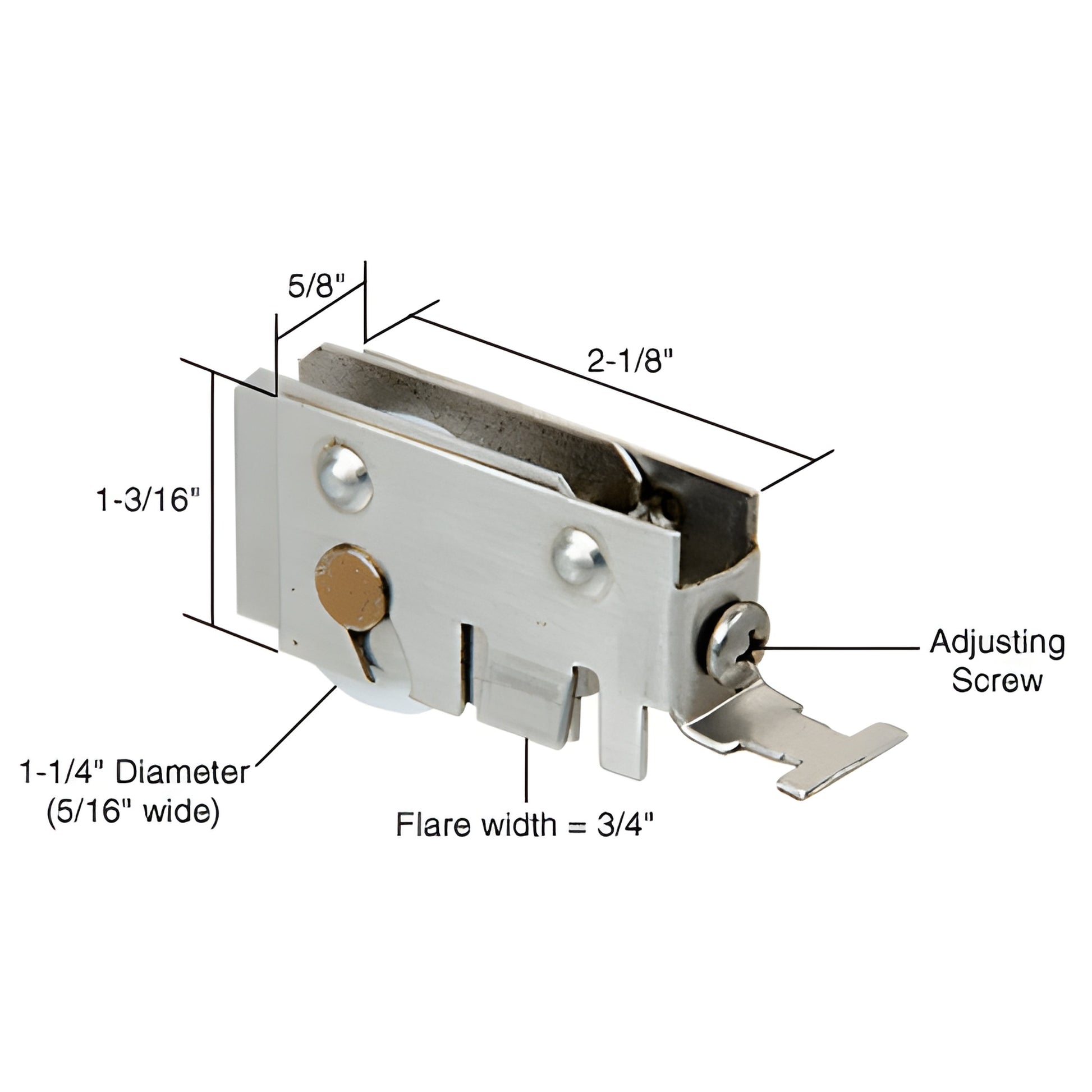 D1777 adjustable aluminum sliding glass door roller assembly with 1-1/4" nylon concave wheel, 5/8" housing, adjusting screw.