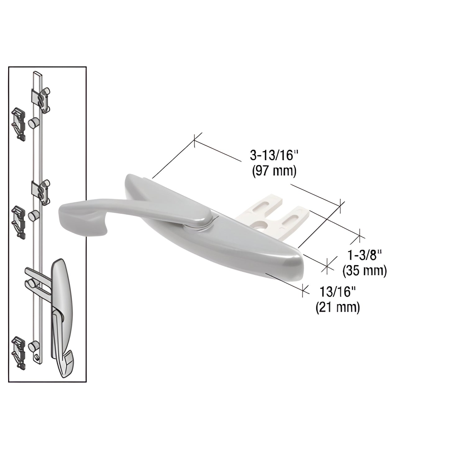 CRL Truth WH12411 1-3/8" multi-point window latch actuator, clear anodized finish, handle with snap-on tie bar and dimensions