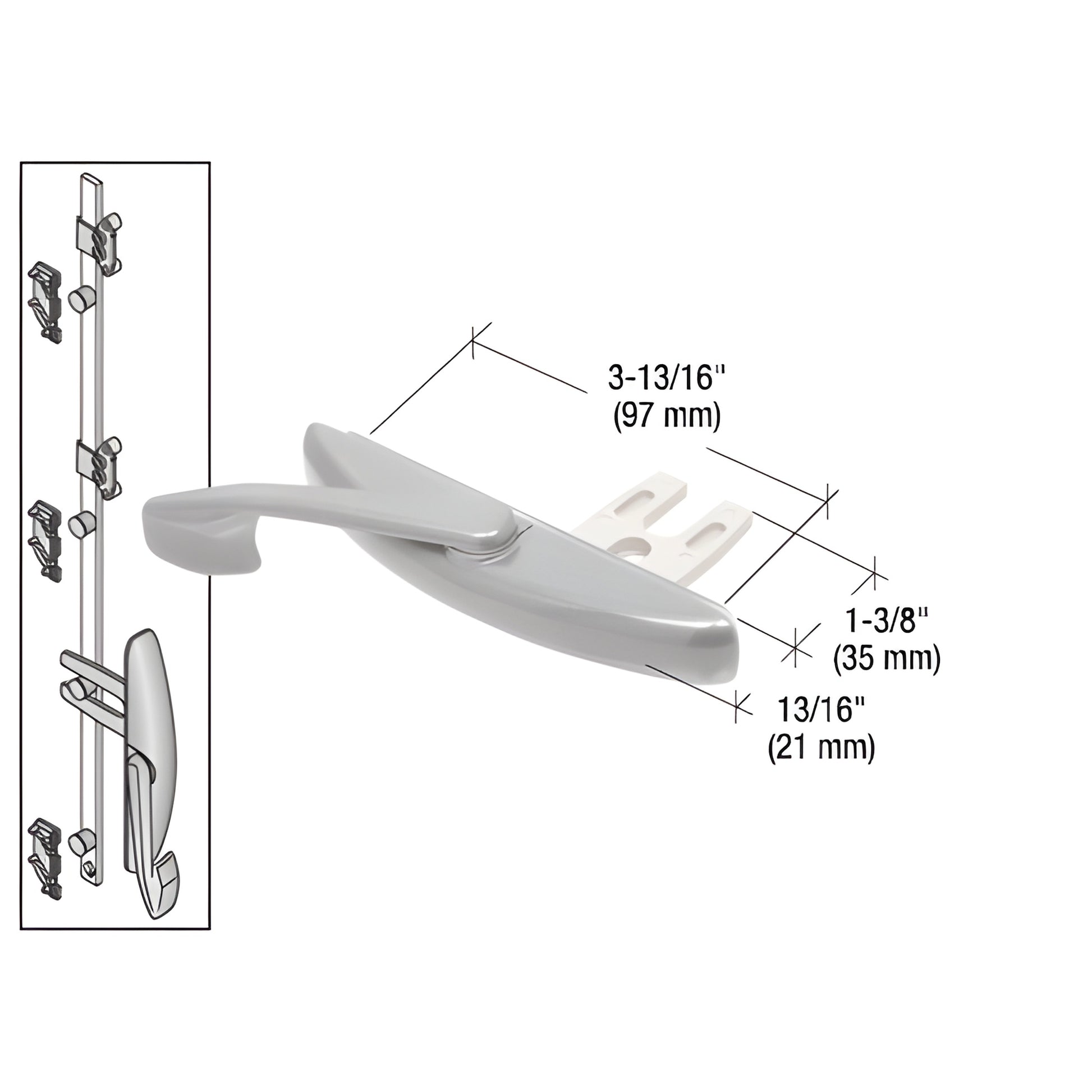 CRL Truth WH12411 1-3/8" multi-point window latch actuator, clear anodized finish, handle with snap-on tie bar and dimensions