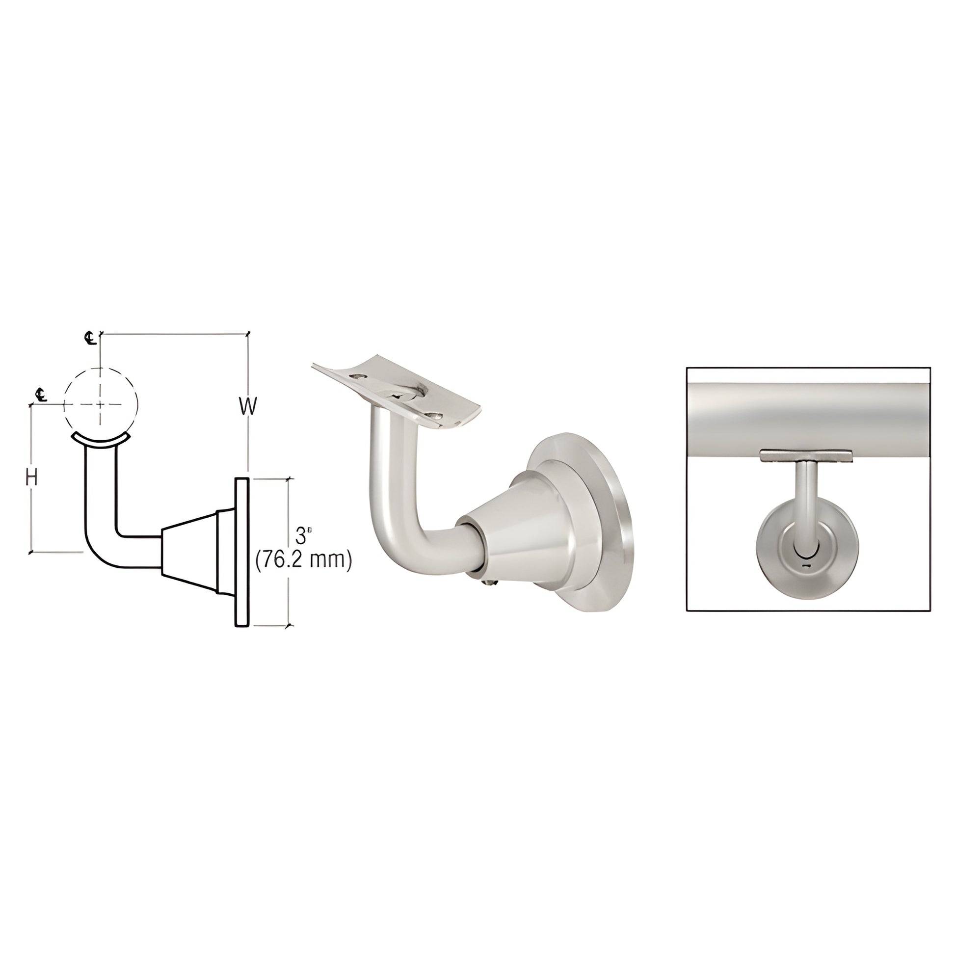 HR2DWBS brushed stainless steel 3-way adjustable wall-mounted handrail bracket, fits 1-1/2" to 2" tubing.