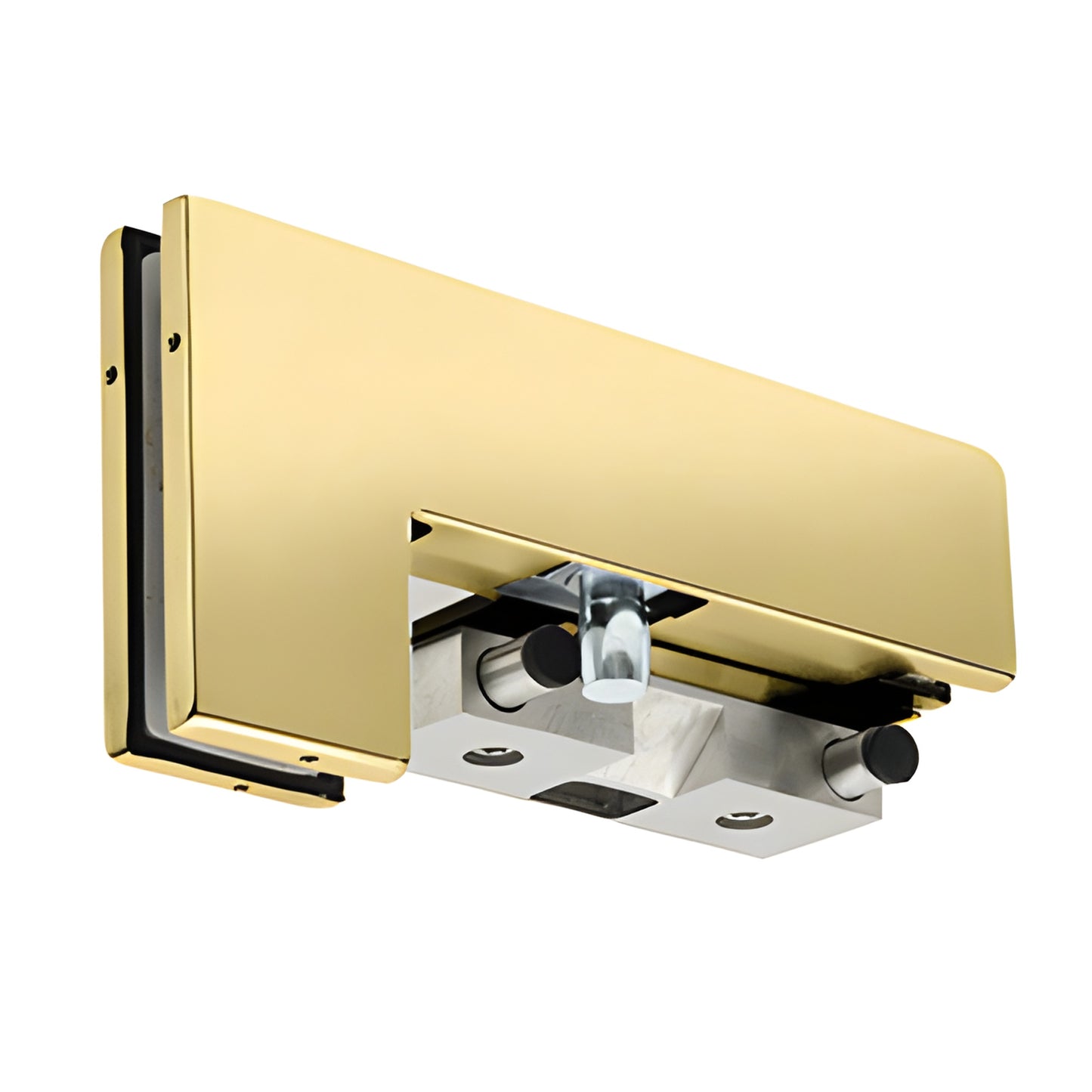 Polished brass PH40PKLPB patch stop/strike for 3/8-1/2" tempered glass doors, left-hand mounting.