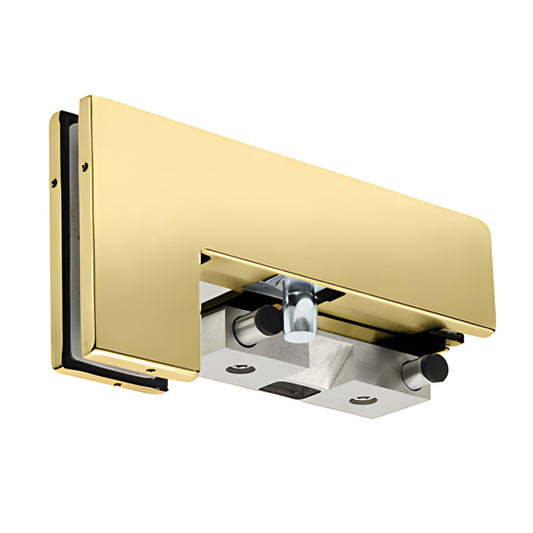 Polished brass PH40PKLPB patch stop/strike for 3/8-1/2" tempered glass doors, left-hand mounting.