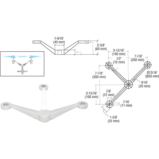 CRL PMR3PS three-arm stainless steel center-post fitting for three 1/2" (12 mm) tempered glass panels; mounting kit included