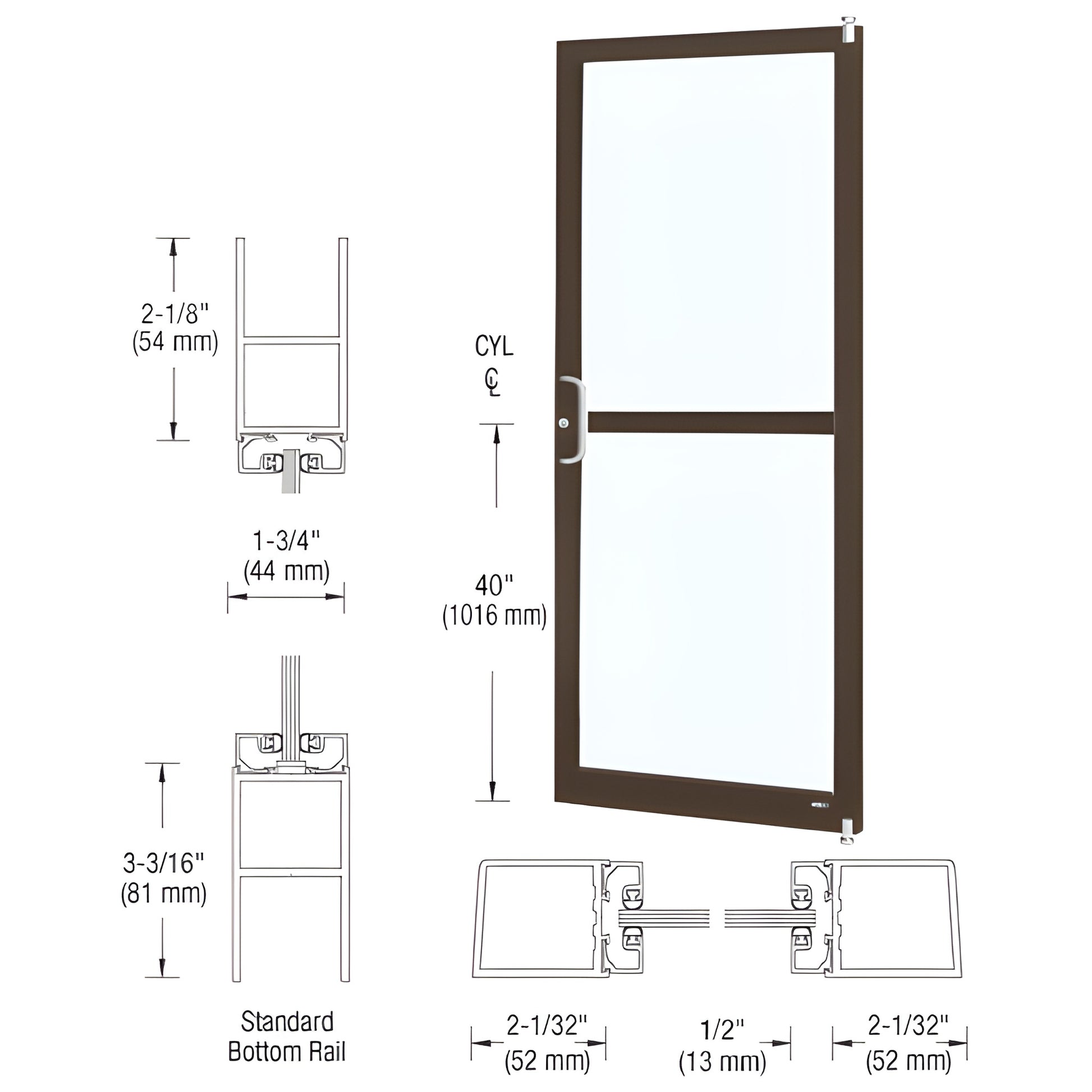 DR21222L036 Black Bronze narrow-stile commercial entrance door with glass, push/pull hardware and keyed-alike cylinders.