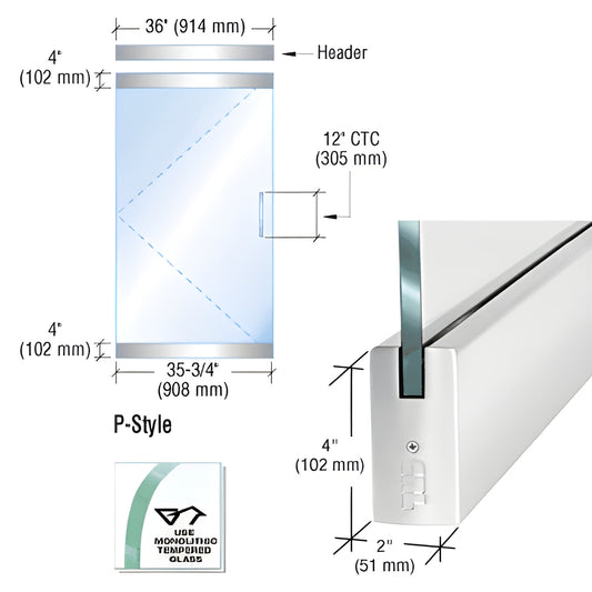 P-style dry-glazed frameless glass door kit, polished stainless finish, for 1/2" (12mm) tempered glass, net width 35-3/4".