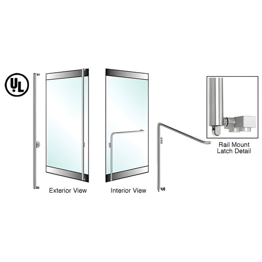 Polished stainless steel CRL-Blumcraft rail-mount glass door panic handle, 1-1/4 in. dia, for 3/4 in. glass (SKU 3P110F4RKPS)