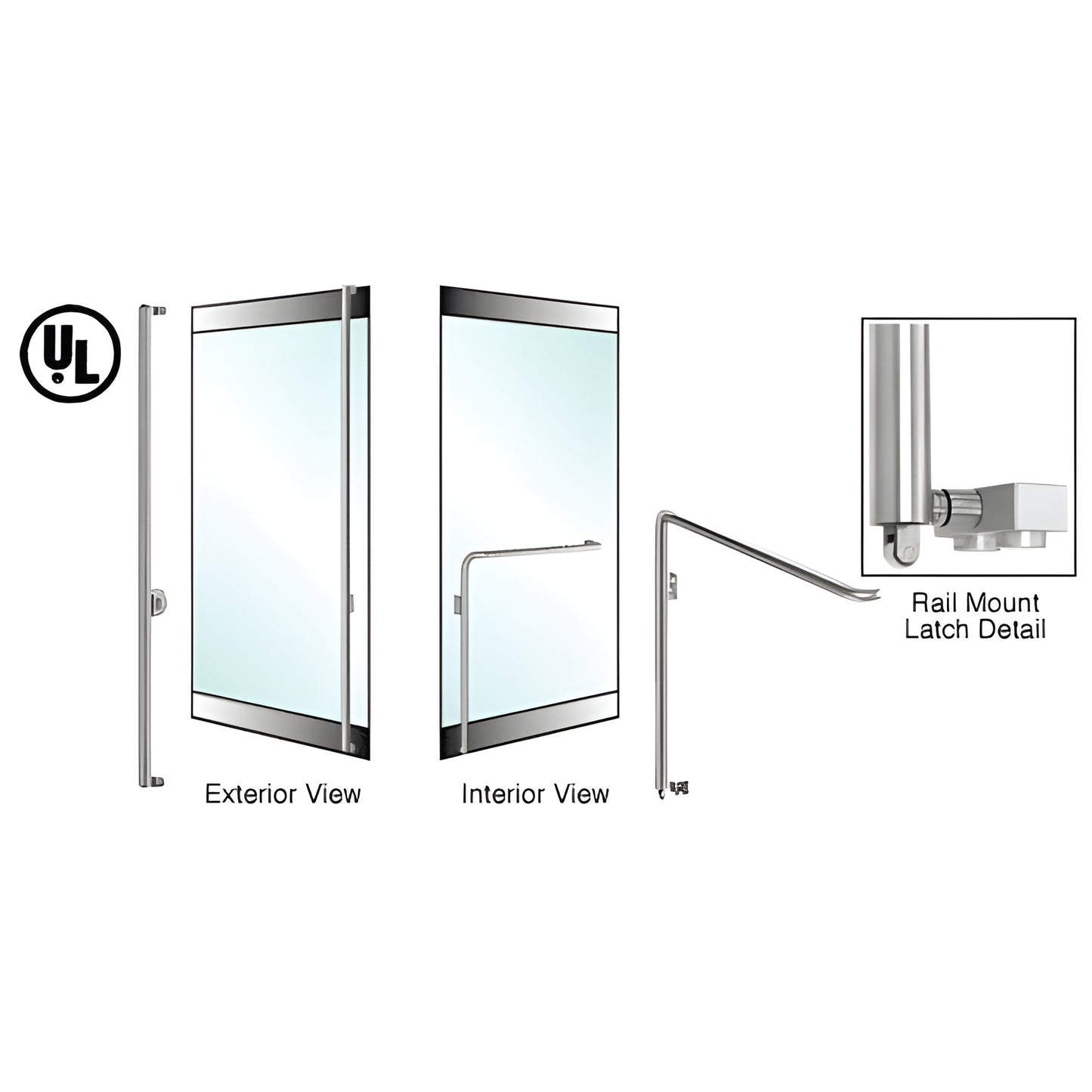 Brushed stainless tubular panic handle for 1/2" glass doors; exterior and interior views with rail-mount latch detail.