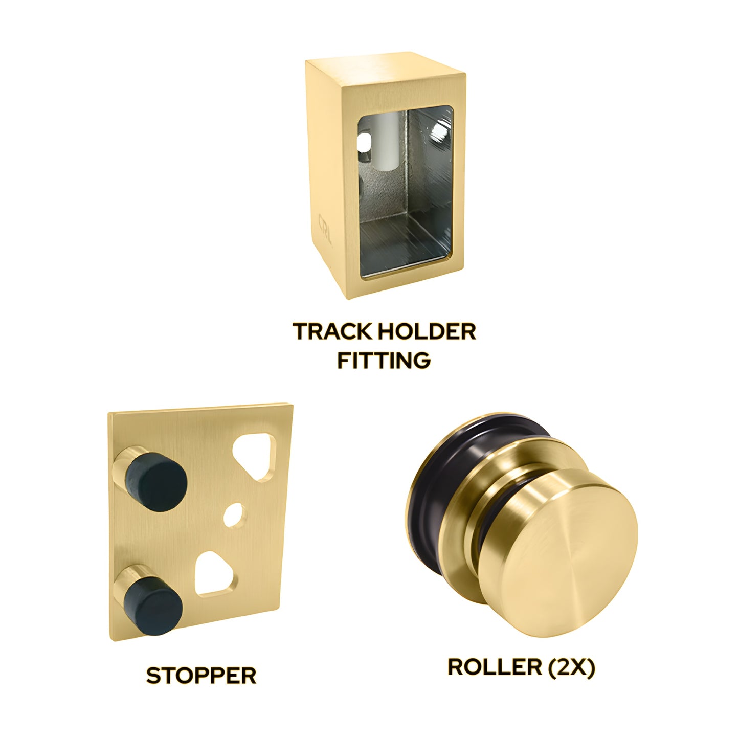 BRXHDWKSB Brixen satin brass stainless steel replacement sliding shower door kit with two rollers, wall bracket and stopper