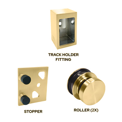 BRXHDWKSB Brixen satin brass stainless steel replacement sliding shower door kit with two rollers, wall bracket and stopper