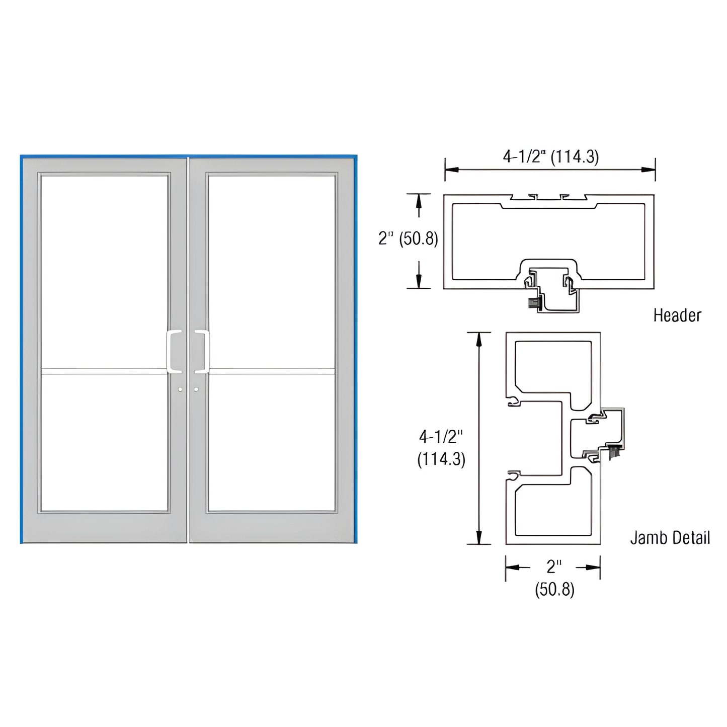 FD42811 clear anodized aluminum 72x84 commercial double-door frame with tubular jambs, 4-1/2in header and aluminum threshold
