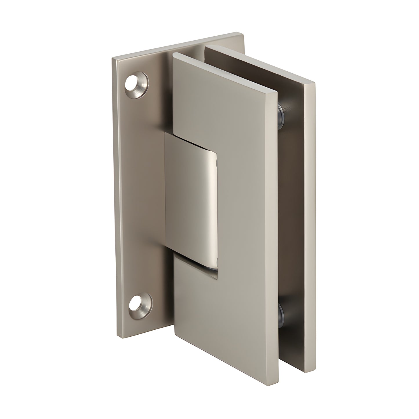 Satin nickel Vienna shower door hinge (V1E037SN), brass full back plate, for 3/8-1/2" glass, squared design.