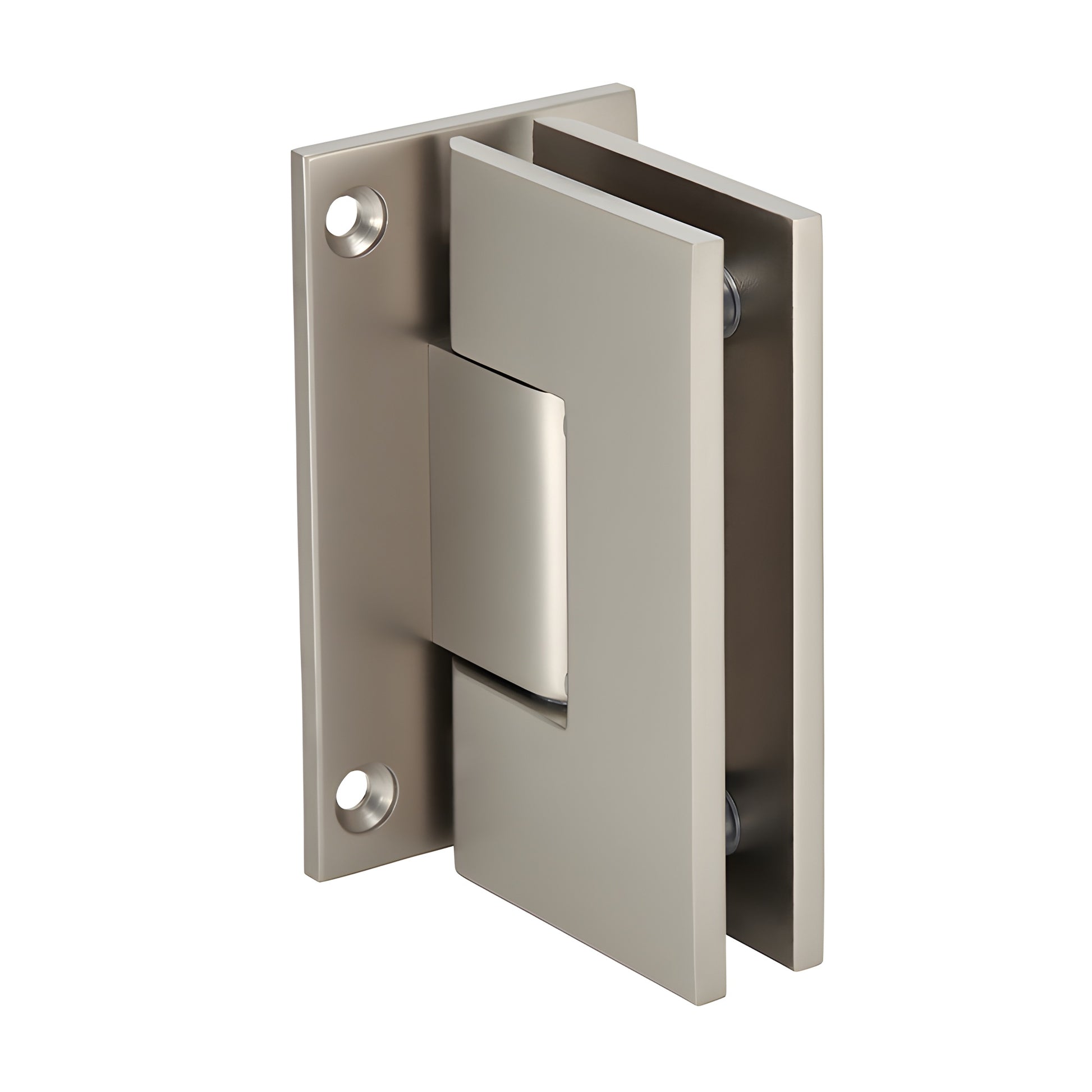 Satin nickel Vienna shower door hinge (V1E037SN), brass full back plate, for 3/8-1/2" glass, squared design.