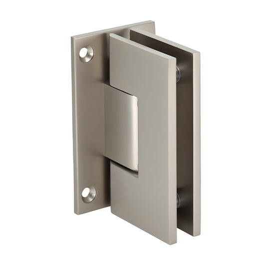 Satin nickel Vienna shower door hinge (V1E037SN), brass full back plate, for 3/8-1/2" glass, squared design.