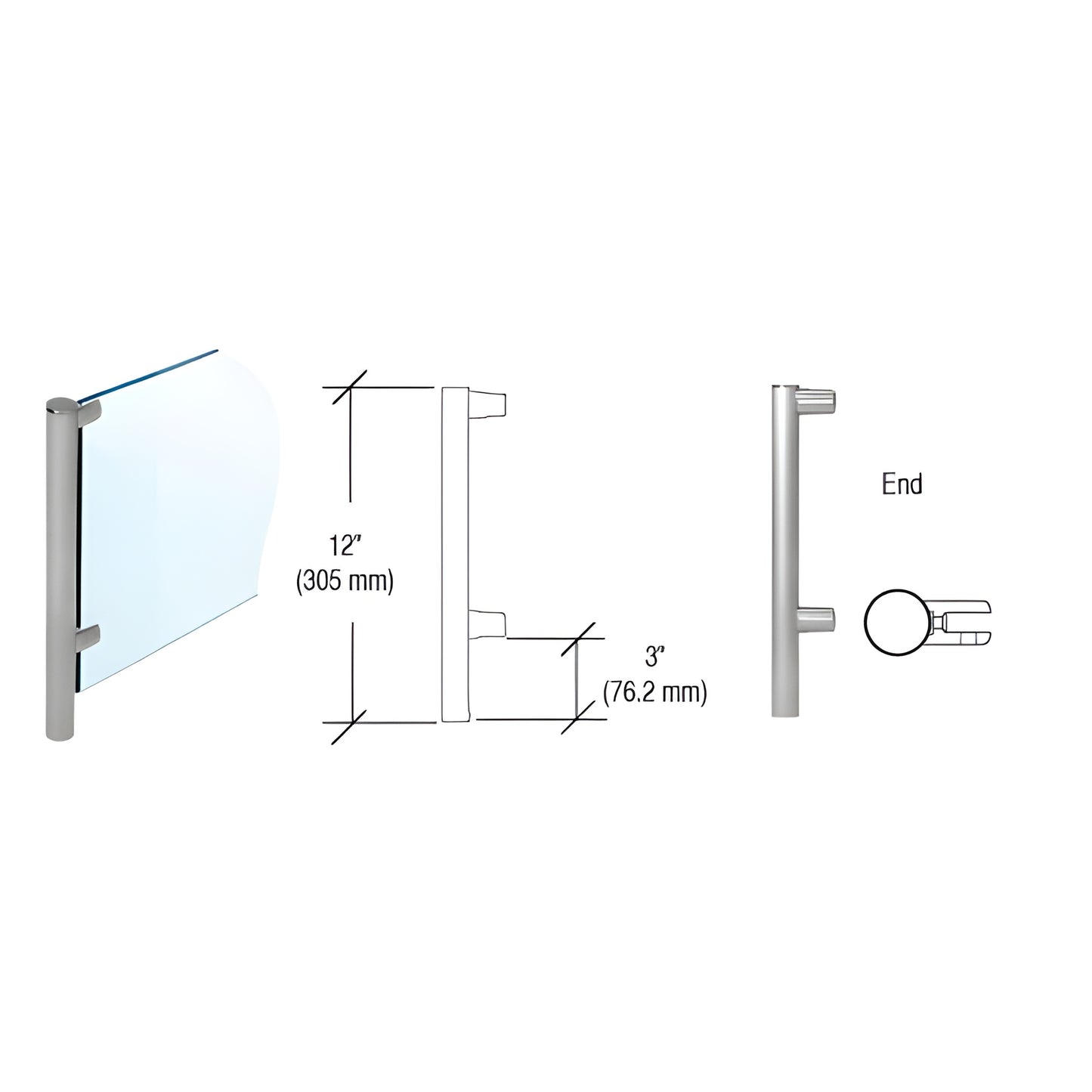 HB55EBS 12 in brushed stainless round partition post with flat cap, concealed lug base, fits 1/4-3/8 in glass