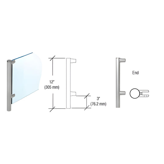 HB55EBS 12 in brushed stainless round partition post with flat cap, concealed lug base, fits 1/4-3/8 in glass