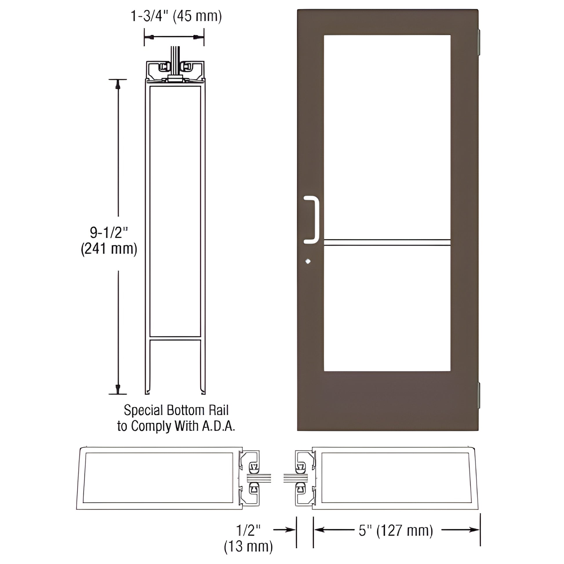 DE51522 black bronze anodized commercial wide stile entrance door with glass, ADA 9-1/2" bottom rail and push/pull hardware
